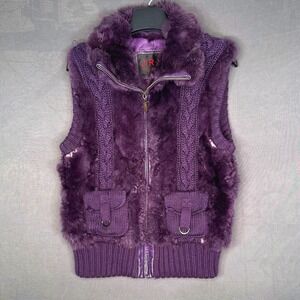 Y2K McBling Plum Rabbit Fur Chunky Knit‎ Zip Vest D-Ring Pockets Furry Collar M